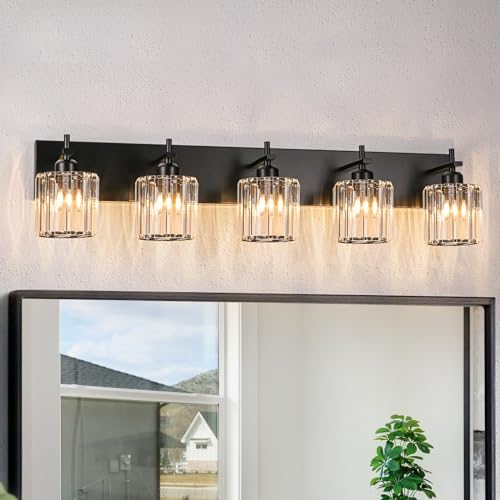 Black Crystal Bathroom Vanity Lights, Modern 5-Lights Bathroom Lighting Fixtures Over Mirror, Crystal Wall Lighting with Round Shade - color: Black-Round Shade, size: 5-Light