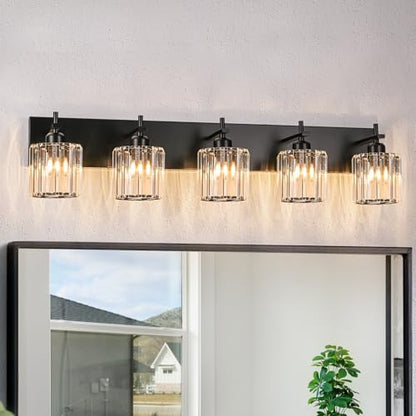 Black Crystal Bathroom Vanity Lights, Modern 5-Lights Bathroom Lighting Fixtures Over Mirror, Crystal Wall Lighting with Round Shade - color: Black-Round Shade, size: 5-Light