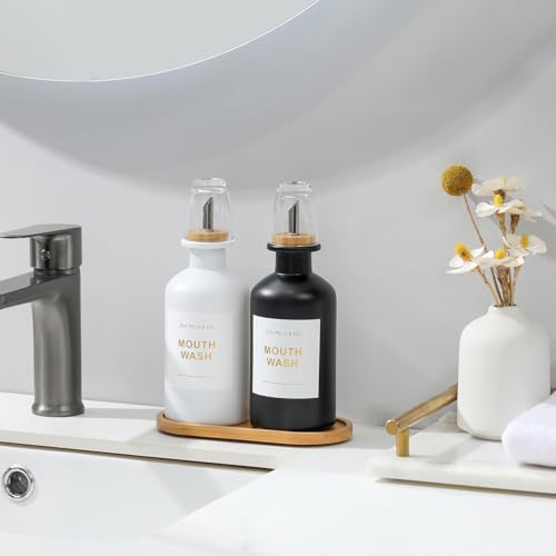 11.8OZ Mouthwash Dispenser, Set of 2 (Black/White) | Bamboo & Stainless Steel Pour Spout, Mouthwash Cups Reusable, Bamboo Tray, Elegant Gold Label - color: Black/White/350*2