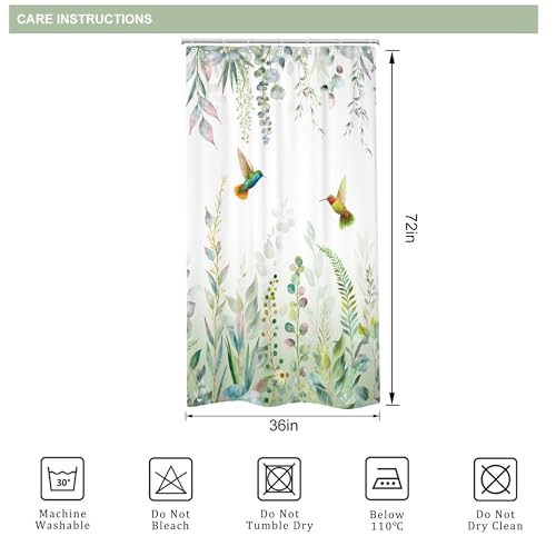 Small Stall Sage Green Eucalyptus Leaf Spring Bathroom Shower Curtain Set | 36"W x 72"H Plants Botanical; waterproof HD print, quick-dry fabric with 12 free hooks for easy hanging. - color: A-sage Green, size: 36"W x 72"L (Pack of 1)