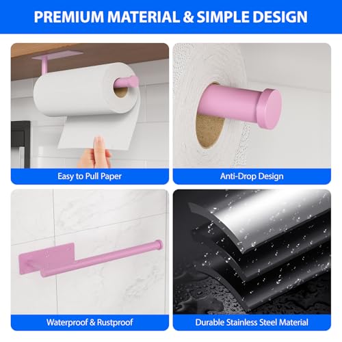 Paper Towel Holder Under Cabinet, Self-Adhesive,No Drilling, Stainless Steel, Wall-Mounted for Kitchen and Bathroom, Easy Install, Durable, Space-Saving, Ideal for Home, RV (Pink, 1 Pack) - color: Pink