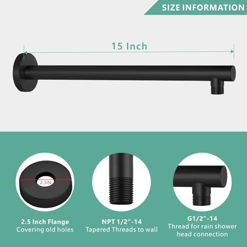 Voolan 15" Round Shower Arm with Flange and Teflon Tape, Extension Shower Head Arm for Bathroom Fixed Shower Head, Solid Stainless Steel, Wall Mounted (Matte Black) - color: Matte Black, style: 15 Inch