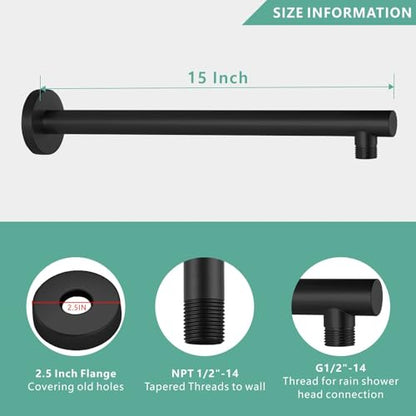 Voolan 15" Round Shower Arm with Flange and Teflon Tape, Extension Shower Head Arm for Bathroom Fixed Shower Head, Solid Stainless Steel, Wall Mounted (Matte Black) - color: Matte Black, style: 15 Inch