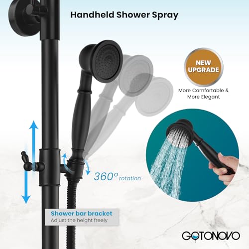 gotonovo Exposed Shower Faucet with Spout Matte Black,Straight Pipe | Brass Bathroom Exposed Shower System,8’’ Rain Head,Swivel Tub Spout 2 Cross Handle,Adjustable Handheld Sprayer,Wall Mount - color: Black