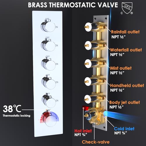 Enga Luxury Dual Shower Head System LED Thermostatic Shower System with 6 inch Wall Shower, 20-Inch 3 Function Shower Head (Rainfall & Mist & Waterfall), Chrome - color: Chrome, style: 20" Head (Rain + Mist+Waterfall) - 6" Head