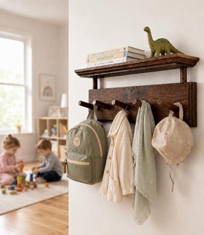 Matías Coat Rack Wall Mount with Shelf, 18 Inch Solid Wood Peg Rail, Wall Mounted Coat Rack with 5 Hooks, Wall Mount Shelf for Entryway, Bathroom or Bedroom (Walnut) - color: walnut
