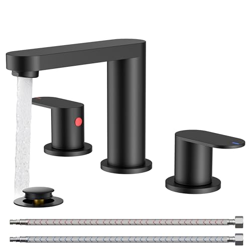 QFN Bathroom Faucet 3 Hole 8 Inch Widespread Vanity Sink Faucet Matte Black | 304 Stainless Steel Bathroom Sink Faucet with Pop-up Drain, 6-12 Inch 3 Hole Install, for RV Laundry Farmhouse Restroom Sink - color: Matte Black, style: Round
