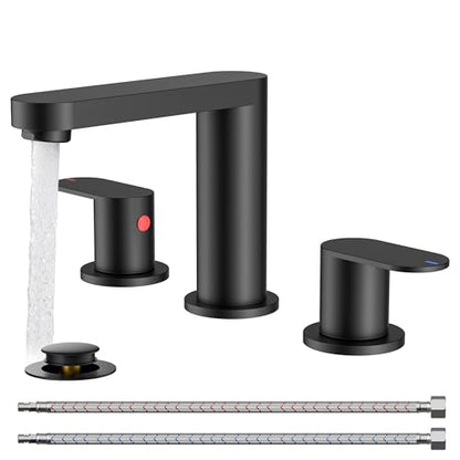 QFN Bathroom Faucet 3 Hole 8 Inch Widespread Vanity Sink Faucet Matte Black | 304 Stainless Steel Bathroom Sink Faucet with Pop-up Drain, 6-12 Inch 3 Hole Install, for RV Laundry Farmhouse Restroom Sink - color: Matte Black, style: Round