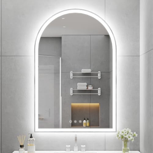 24"x36" Arched LED Lighted Bathroom Mirror with Lights | Silver Aluminum Frame, Fogless, Dimmable, Shatterproof, Touch Sensor, 3 Color Changing - color: Silver, size: 36"L x 24"W
