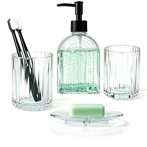 4-Piece Glass Bathroom Accessories Set, Clear Soap Dispenser, Soap Dish, Toothbrush Holder & 2 Tumblers, Bathroom Countertop Organizer Set for Vanity, Sink, Apartment & Modern Decor