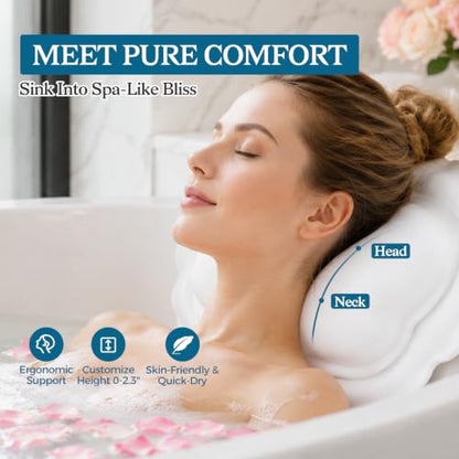 Bath Pillow for Tub, Inflatable Silicone Bathtub Pillow for Head & Neck Support, Adjustable 0-2.3" Height, 7 Strong Suction Cups, Waterproof, Quick-Drying, Luxury Spa Gifts (White)