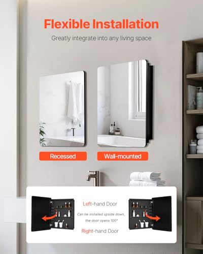 VEVOR Medicine Cabinet, 24 x 30 inch, Medicine Cabinet for Bathroom with Mirror, Aluminum Frame Bathroom Wall Cabinet, 2-Layer Adjustable Shelves, Recessed & Wall-Mounted Installation - size: 24x30in