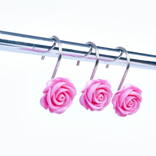 Twofish Home Pink Rose Flower Shower Curtain Hooks Anti Rust Shower Curtain Hooks Decorative Resin Pink Rose Flower Shower Curtain Rings Set of 12 - color: Pink Rose