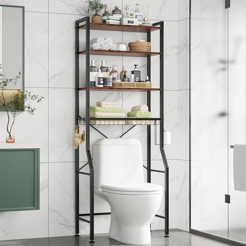 DUMOS Over-The-Toilet Storage Rack, 4-Tier Bathroom Organizer with Basket | Freestanding Above Toilet Storage Cabinet with Adjustable Shelf, Space Saver Bathroom Cabinet with 3 Hooks for Rooms, Brown - color: Vintage Brown