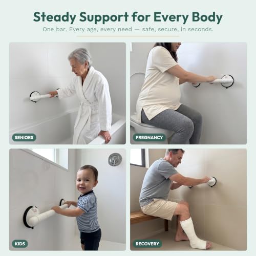 Shower Grab Bars Suction 2 Pack, 18.3 Inch Heavy Duty Suction Cup Grab Bar for Shower with Visible Safety Indicator, Shower Bars for Elderly, Glow in the Dark, Tool-Free Balance Assist Handle - size: 18.3" Long (2 Pack)