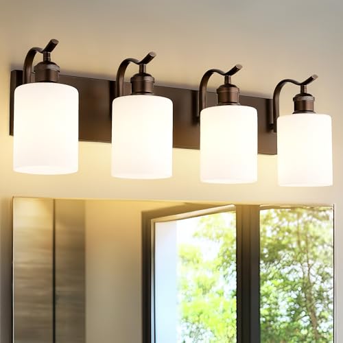 4 Light Bathroom Vanity Light, Morden Bathroom Lighting Fixtures Over Mirror Oil Rubbed Bronze Modern Wall Sconce with Milky White Frosted Shade ZCVL01ORBW-4 - color: Oil-Rubbed Bronze & Milk Glass, size: 4 LIGHT