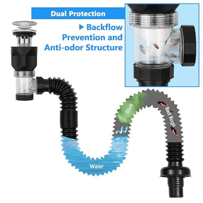 Bathroom Sink Drain Kit, with Flexible Expandable P-Trap Sink Drain Pipe, Fits 1-1/4",1-1/2" and 2'' Drain Hole, Built-in Anti-Clogging Stopper, Anti-Odor With Overflow - color: Black With Overflow, style: 1 Pack