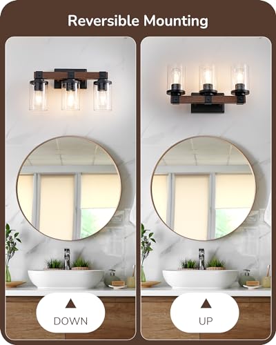 EDISHINE 3-Light Painted Wood Farmhouse Vanity Light, Bubble Glass Shade | Up & Down Reversible Mounting, E26 Base, Industrial Farmhouse Design, Wall Sconces Lamp for Bedroom, Powder Room - size: 3-Light with Bubble Glass Shade