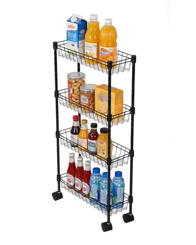 GarveeHome Slim Rolling Storage Cart, 4 Tier Metal Utility Cart with Wheels, Adjustable Shelving Unit Basket for Kitchen Bathroom Laundry Room Living Room & Narrow Corner, 15.75"X5.91"X31.5", Black - size: 4 Tier