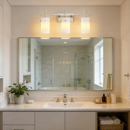 SOLFART Brushed Nickel Bathroom Light Fixtures, 3-Light Modern Vanity Light Over Mirror, Wall Sconces with Milky White Frosted Glass Shades, E26 Socket (Bulbs Not Included) - color: Brushed Nickel-Milky Globe, size: 3 Lights