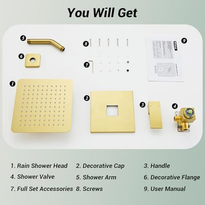 Shower Faucet Set with Valve, 8 Inch Square Rain Shower Head, Brushed Gold | SUS304 Stainless Steel, Brass Rough-in Valve, Single Handle, Air Pressure Boost, Shower Trim Kit, Male Threads - color: Brushed Gold