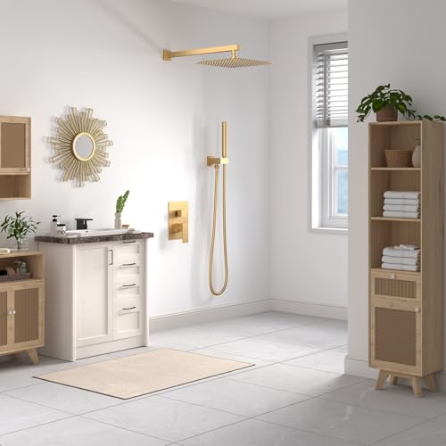BESy Shower System with 12 Inch Rain Shower Head and Handheld Wall Mounted, High Pressure Rainfall Shower Faucet Fixture Combo Set with 2 in 1 Handheld Showerhead for Bathroom, Brushed Gold
