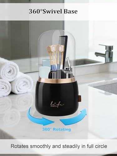 Covered Toothbrush Holder, 360° 7-Slot Rotating Draining Water, Black | Toothbrush Bathrooms Organizer with Cover for Kids Electric Tooth Brush, Toothpaste, Razors, Cosmetic Brushes - color: Black
