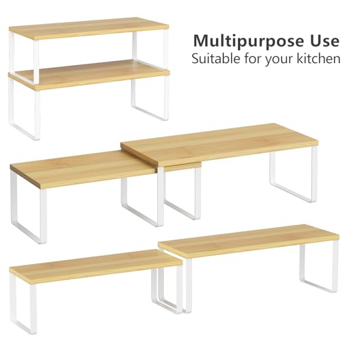 NEX Kitchen Cabinet and Counter Shelf Organizer, Stackable & Expandable, Set of 4, White and Natural - 7.7 x 15.6 x 6.2'' | Stackable Expandable Spice Rack, Space-Saving Pantry Organizers Bathroom Countertop Storage, White and Natural - color: Cloud White