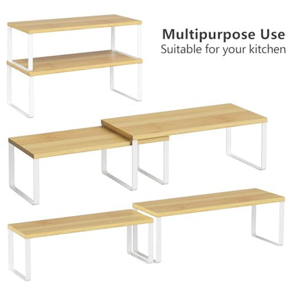 NEX Kitchen Cabinet and Counter Shelf Organizer, Stackable & Expandable, Set of 4, White and Natural - 7.7 x 15.6 x 6.2'' | Stackable Expandable Spice Rack, Space-Saving Pantry Organizers Bathroom Countertop Storage, White and Natural - color: Cloud White