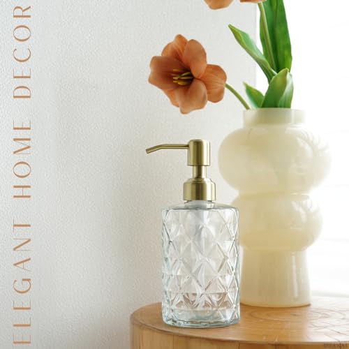 JASAI Diamond Design Glass Soap Dispenser with Golden Pump | Refillable Hand soap Dispenser for Kitchen, Soap Dispenser Bathroom for Soap, Hand soap, Dish Soap, Lotion. - color: Clearglass-golden Pump, style: Diamond
