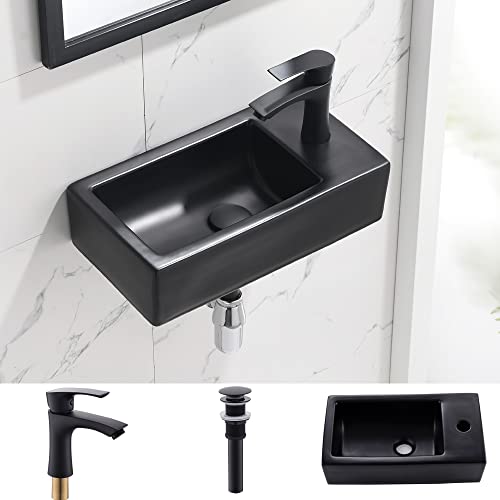 Wall Mount Corner Bathroom Sink with Faucet, 18x13 Inch Small Sink | Small Bathroom Sink Matte Black Porcelain Ceramic Cloakroom Mini Wall Mount Floating Vessel Sink, Right Hand - color: Matte Black, size: 18" L x 9.8" W (Right Hand)