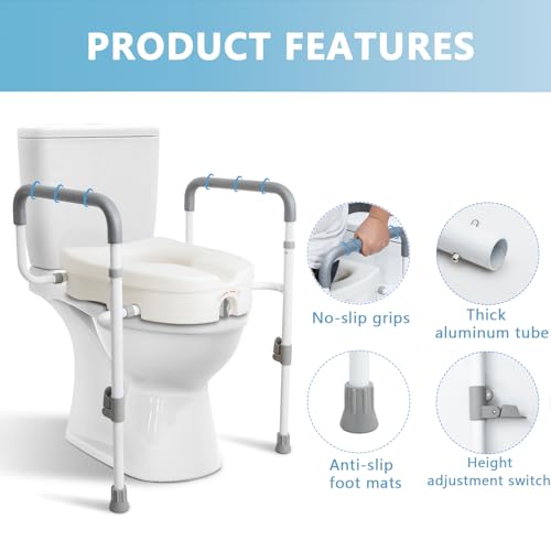 Raised Toilet Seat with Handles for Seniors, 5-inch Rise | Toilet Seat Risers for Seniors with Handles and Padded Arms, Elevated Seat for Handicap, Fits Standard & Elongated Commodes
