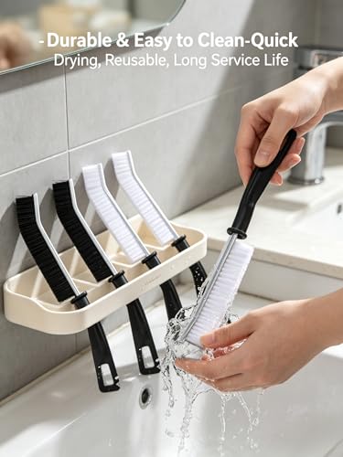 4-Pack Crevice Cleaning Brush, Hard Bristle Grout Scrubber for Narrow Gaps, Thin Window Track Cleaner Tool, Home Essentials for Bathroom Kitchen Sink Corners - 2 Black 2 White