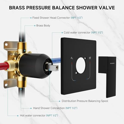 SR SUN RISE Shower Faucet Set & System - 12 Inch Rainfall Shower Head & Handle Set Wall Mounted Matte Black Solid Brass Valve Trim Kit Included - color: Matte Black, size: 12 Inch