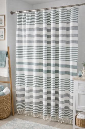 Teal Green and White Striped Cotton Fabric Shower Curtain with Fringe for Bathtub or Shower, Machine Washable Bath Curtain, 72 x 72 Inch, Margot Green - color: Margot Green Teal