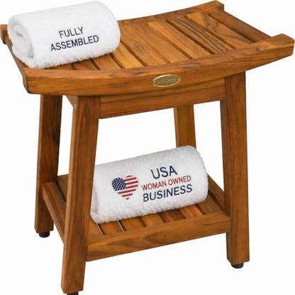 EcoDecors Harmony Gold 18" Teak Shower Bench, Fully Assembled, 300 lb | Comfortable shower bench supports adults and seniors with sturdy construction, reliable stability, and timeless teak style