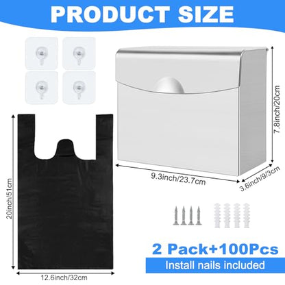 2 Pcs Sanitary Napkin Disposal Receptacle Stainless Steel Napkin Receptacle Tampon Disposal Bin with 100 Disposal Bags Wall Mounted Waste Tampon Holder Feminine Hygiene Disposal Container