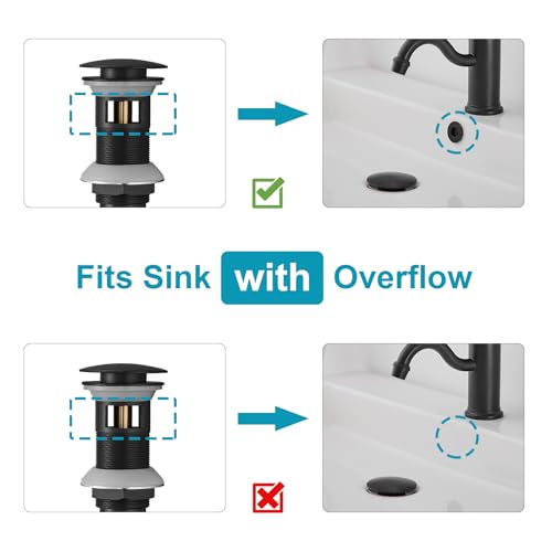 15/8" Bathroom Faucet Vessel Vanity Sink Pop Up Drain Assembly Stopper | Fits Bathroom Standard Sink Hole 1-1/2" to 1-3/4" Matte Black Plug With Overflow Push & Seal by Homevacious - color: Matte Black, style: With Overflow