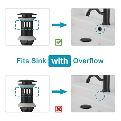 15/8" Bathroom Faucet Vessel Vanity Sink Pop Up Drain Assembly Stopper | Fits Bathroom Standard Sink Hole 1-1/2" to 1-3/4" Matte Black Plug With Overflow Push & Seal by Homevacious - color: Matte Black, style: With Overflow