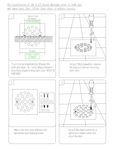 4-1/4 Inch Square Screw-in Shower Drain Cover (Chrome) | Square 4.25-inch design, Thickened 304 stainless steel,replaceable grate with matching screws for bathroom floor drain - color: Chrome
