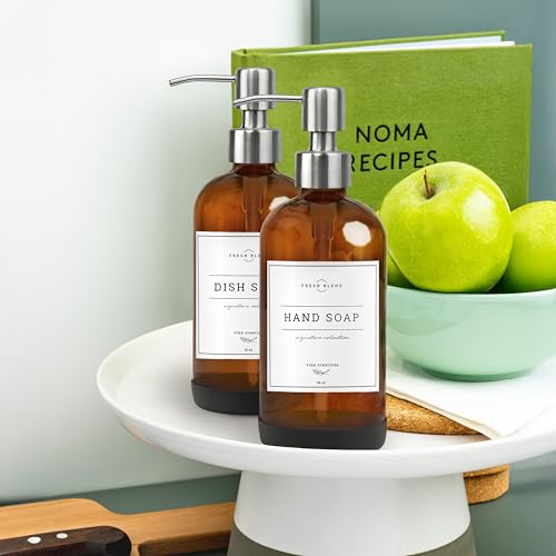 Vine Creations Amber Glass Soap Dispenser, 2 Pack Kitchen Soap Dispenser Set with Stainless Steel Pump, 16 oz Hand Soap or Dish Soap for Bathroom or Kitchen with Waterproof Labels - color: Amber Bottle / Silver Pump
