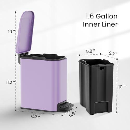 Cesun Small Bathroom Trash Can with Lid, 1.6 Gal, Soft Close, Purple | Step pedal soft close, Slim 5.9in fits narrow spaces, Stainless steel, Anti-fingerprint, Removable inner bucket, Odor seal - color: Purple