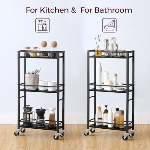 MAHANCRIS Slim Rolling Cart, Mobile Kitchen Cart on Wheels, Narrow Storage Cart for Small Space, Small Bar Cart, for Bathroom, Laundry, Living Room, Black RCHB1501 - color: Black