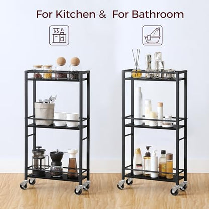 MAHANCRIS Slim Rolling Cart, Mobile Kitchen Cart on Wheels, Narrow Storage Cart for Small Space, Small Bar Cart, for Bathroom, Laundry, Living Room, Black RCHB1501 - color: Black