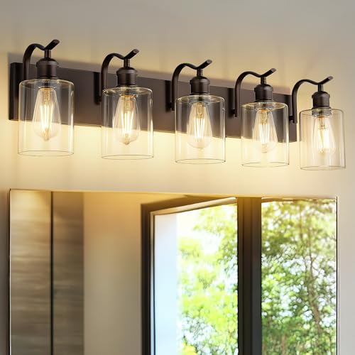 5 Light Bathroom Vanity Light, Morden Bath Lights Over Mirror Oil Rubbed Bronze Bathroom Sconce Lights with Clear Glass Shade ZCVL01ORB-5 - color: Oil-Rubbed Bronze & Clear Glass, size: 5 LIGHT