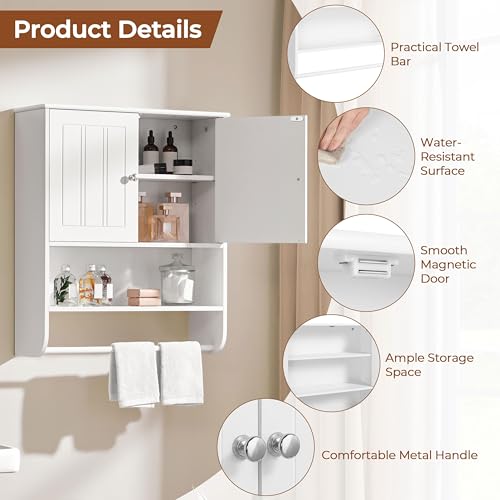 Yaheetech 24" Bathroom Wall Cabinet Over Toilet with Towel Bar, White Doors | Over-the-Toilet Storage for Small Bathrooms, Doors Hide Clutter, Adjustable Shelf Fits Tall Bottles, Open Display, MDF Build