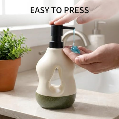 BosilunLife Ceramic Soap Dispenser - Soap Pump Dispenser Bathroom Kitchen Modern Farmhouse Elegant Refillable Soap Dispenser Lotion Hand Pump Dispenser for Kitchen Sink (Beige with Sage Base, 15oz) - color: Beige With Sage Base