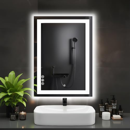 LED Bathroom Mirror with Lights, 28x20 Inch Wall Mount Vanity Mirror for Over Sink with Anti-Fog, 3 Colors Brightness, Backlit + Front Lit, Memory Function, Shatterproof and Tempered Glass - color: Led-white Rect, size: 28"L x 20"W
