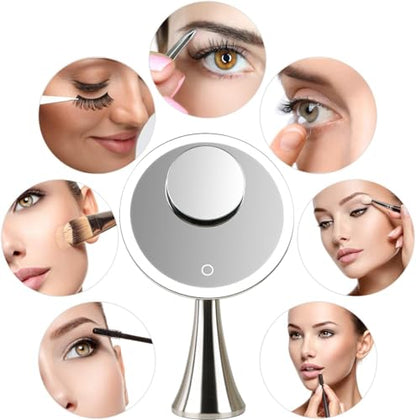Surdy 9" Lighted Makeup Mirror, 5x/10x Dual Magnifying Mirror w/ 3 Color, Brightness Adjustable,360° Rotation, 4000 mAh Rechargeable, Women Gift, Vanity Mirror