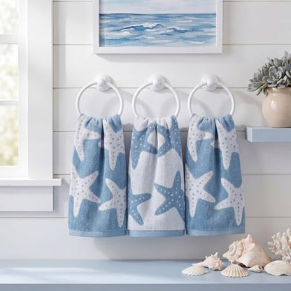 Chumia 3 Pack Coastal Bathroom Towels, Starfish Embroidered Hand Towel Set, 15.75 x 23.62 Inch Cotton Jacquard Washcloth, Soft Decorative Gift for Summer Holiday Beach Home Bathroom Kitchen Decor